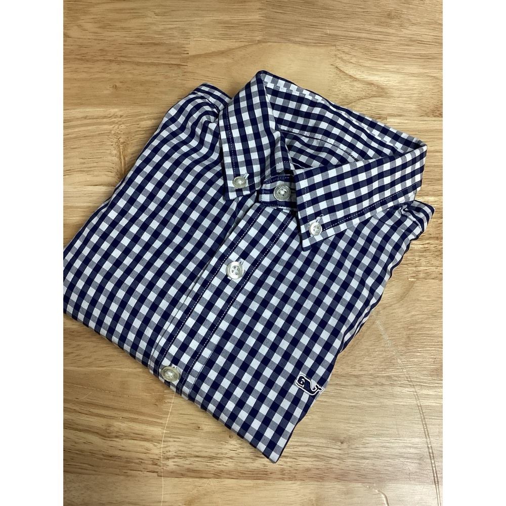 Boys Vineyard Vines Long sleeved gingham plaid button down Navy/white Medium‎